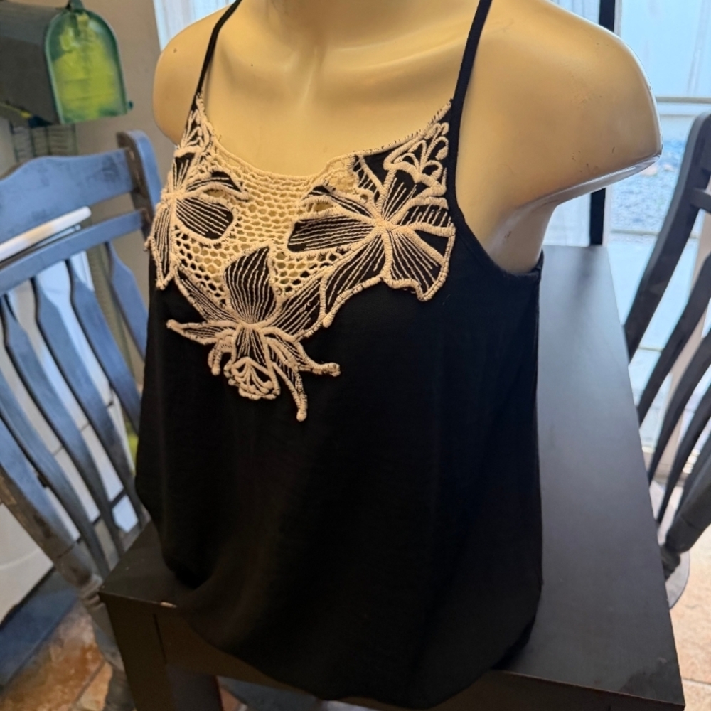 Maurices Black Spaghetti Strap Tank with Cream Crochet Yoke